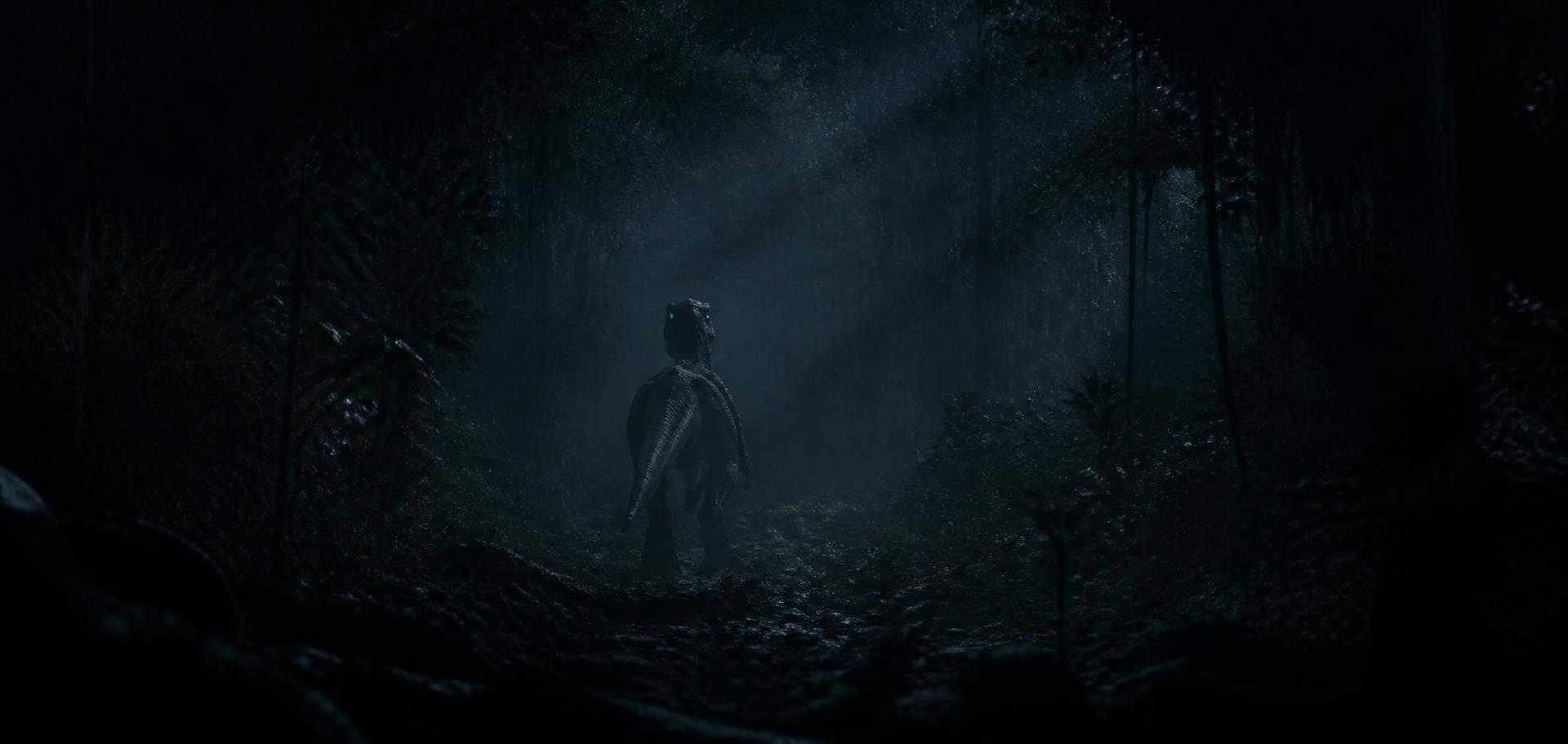 A raptor silhouette disappearing into a dark misty jungle